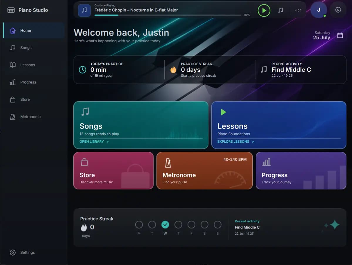 Melovance dashboard with songs, lessons, and practice progress